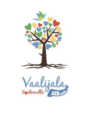 Kuvassa Vaalijalan kunatyhtymän logo, jossa piirretty puu, jossa sydämiä ja lintu.